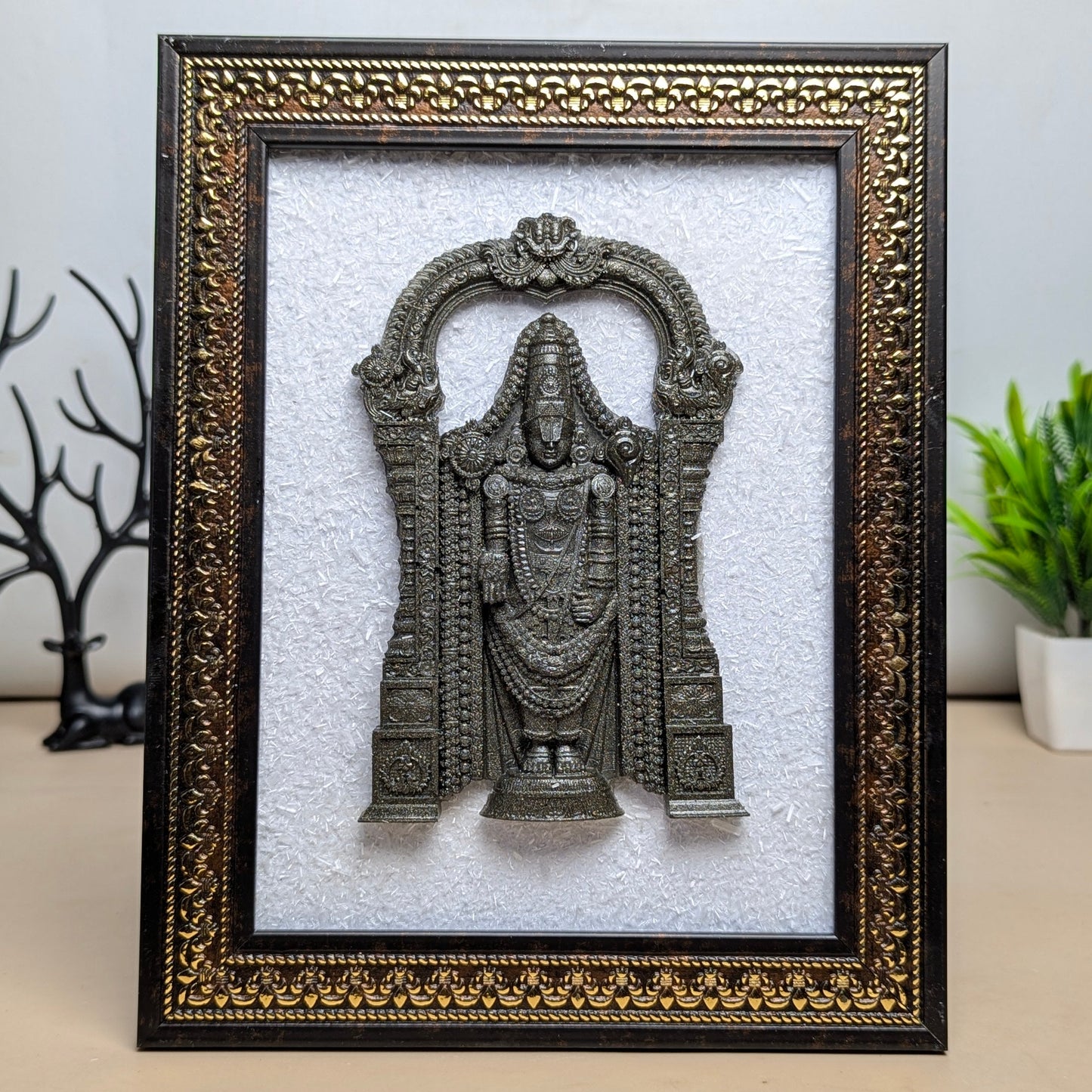 Pyrite Murti With Selenite Base Frame-Tirupati balaji-Maitri Export | Crystals Store
