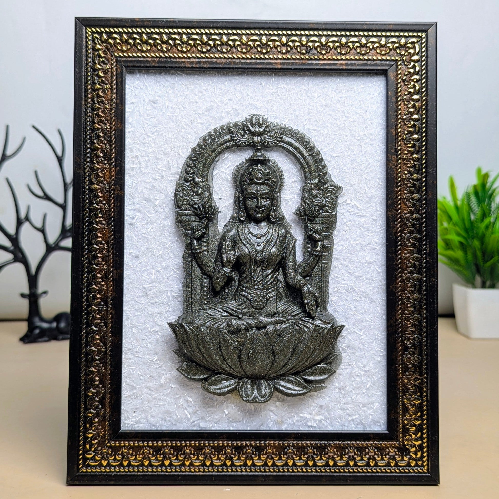 Pyrite Murti With Selenite Base Frame-Laxmi mata-Maitri Export | Crystals Store
