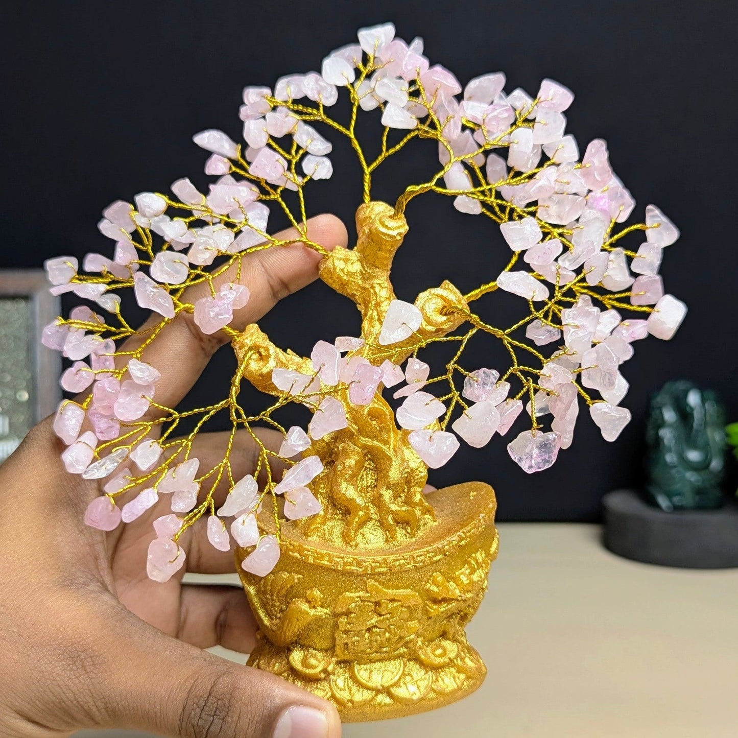 boat shaped Golden pot tree ( 160 beads )-Rose quartz-Maitri Export | Crystals Store