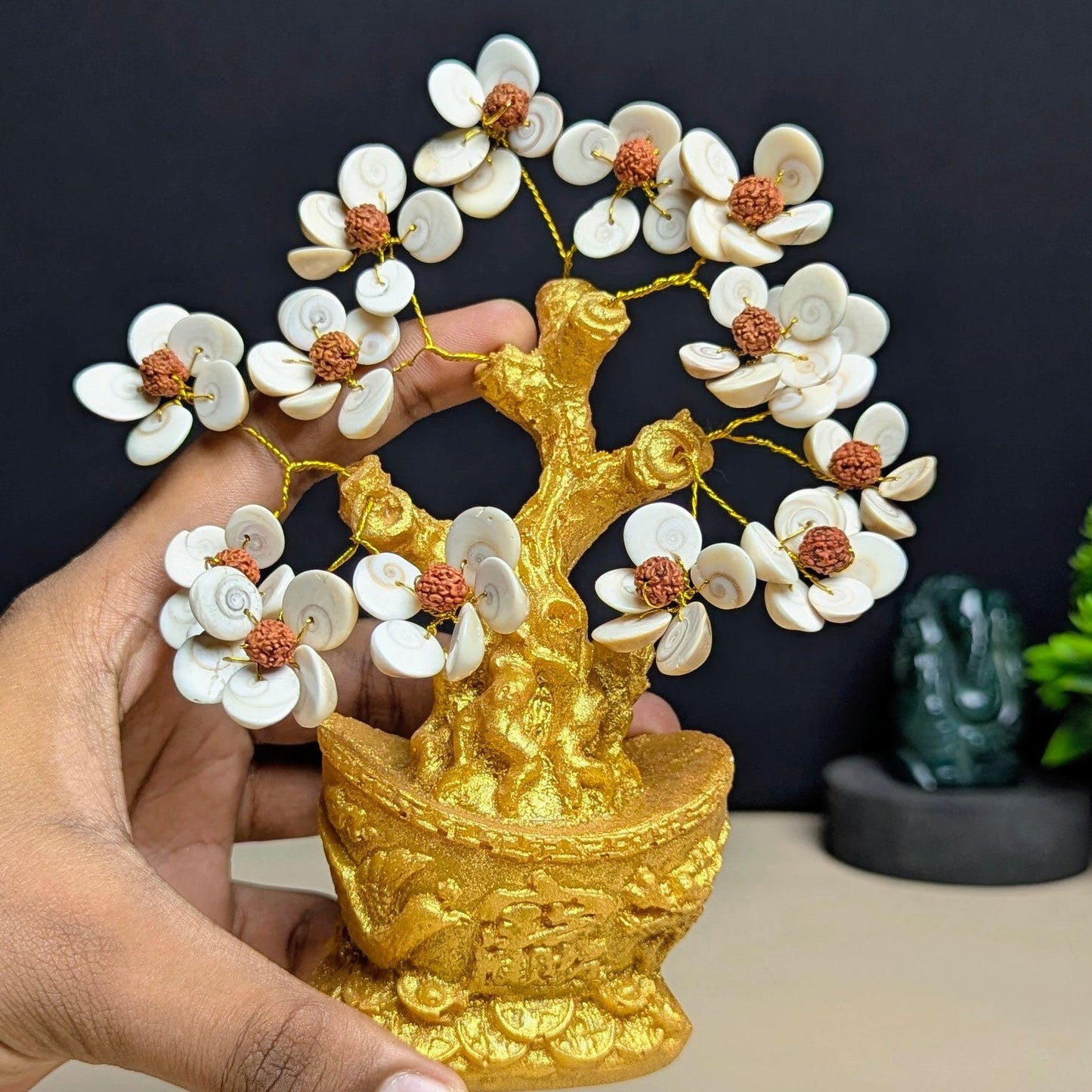 boat shaped Golden pot tree ( 160 beads )-Gomtichakra rudraksh-Maitri Export | Crystals Store