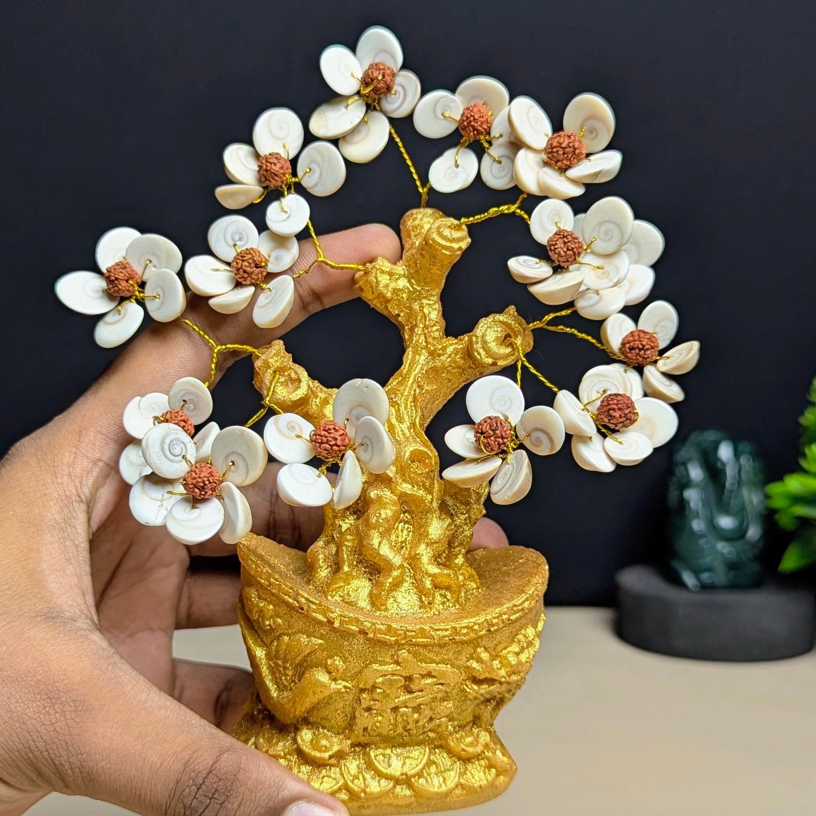 boat shaped Golden pot tree ( 160 beads )-Gomtichakra rudraksh-Maitri Export | Crystals Store