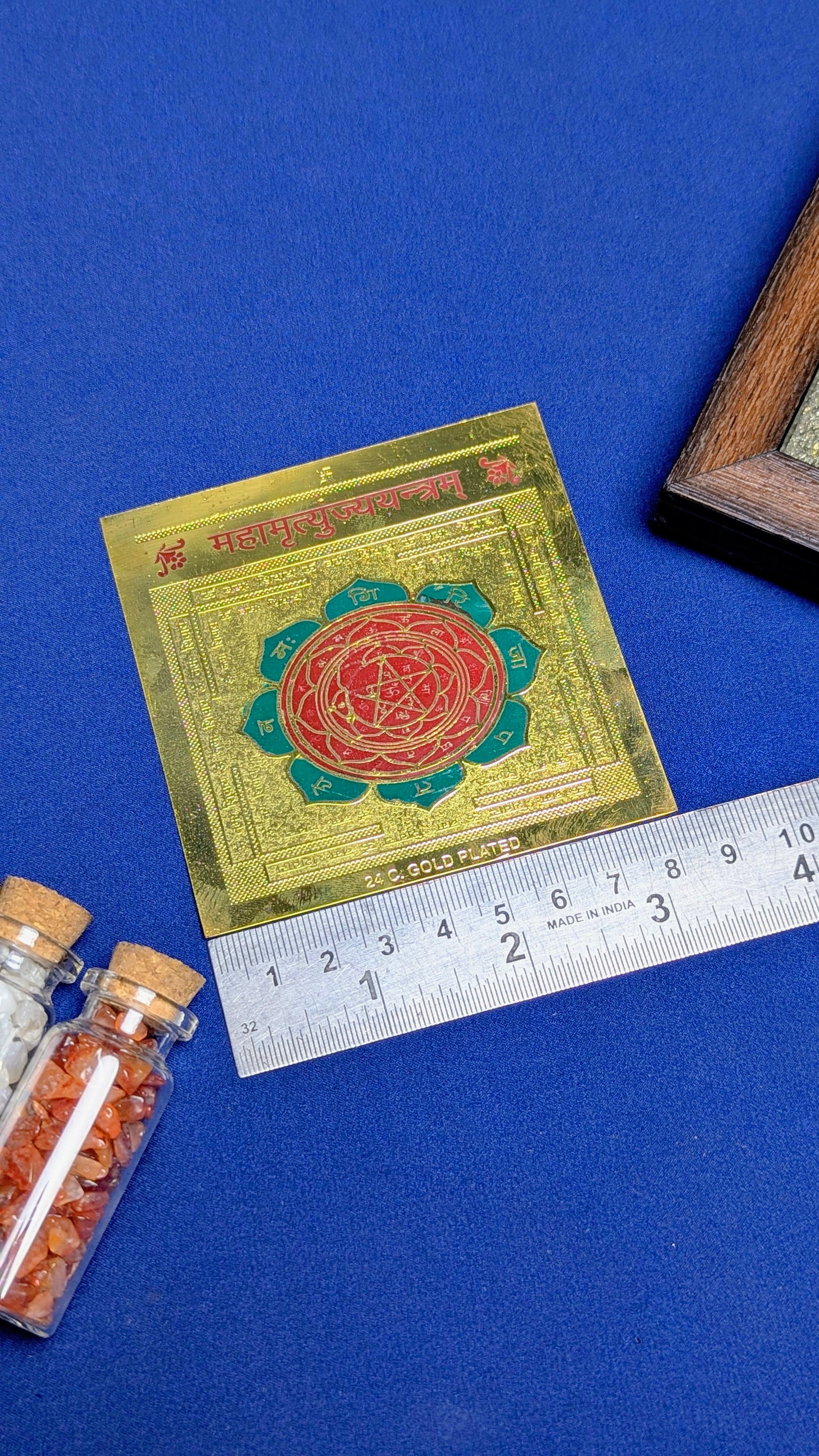 Brass Metal Yantra Plate 3*3-Maha Mrutunjay Yantra-Maitri Export | Crystals Store