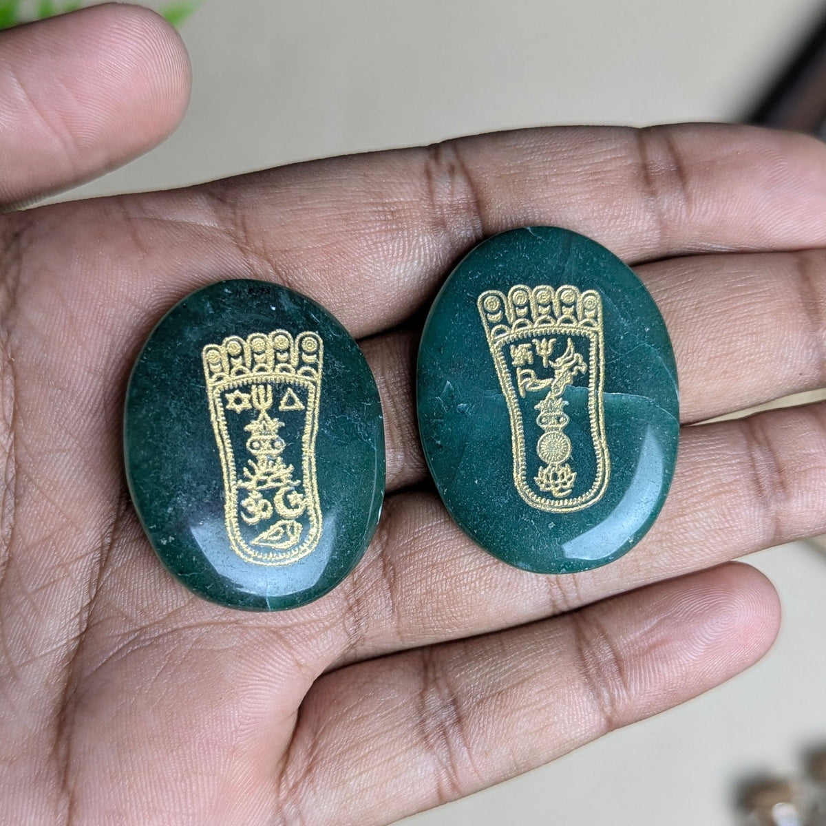 Green Jade Carving Oval-Charan Paduka-Maitri Export | Crystals Store