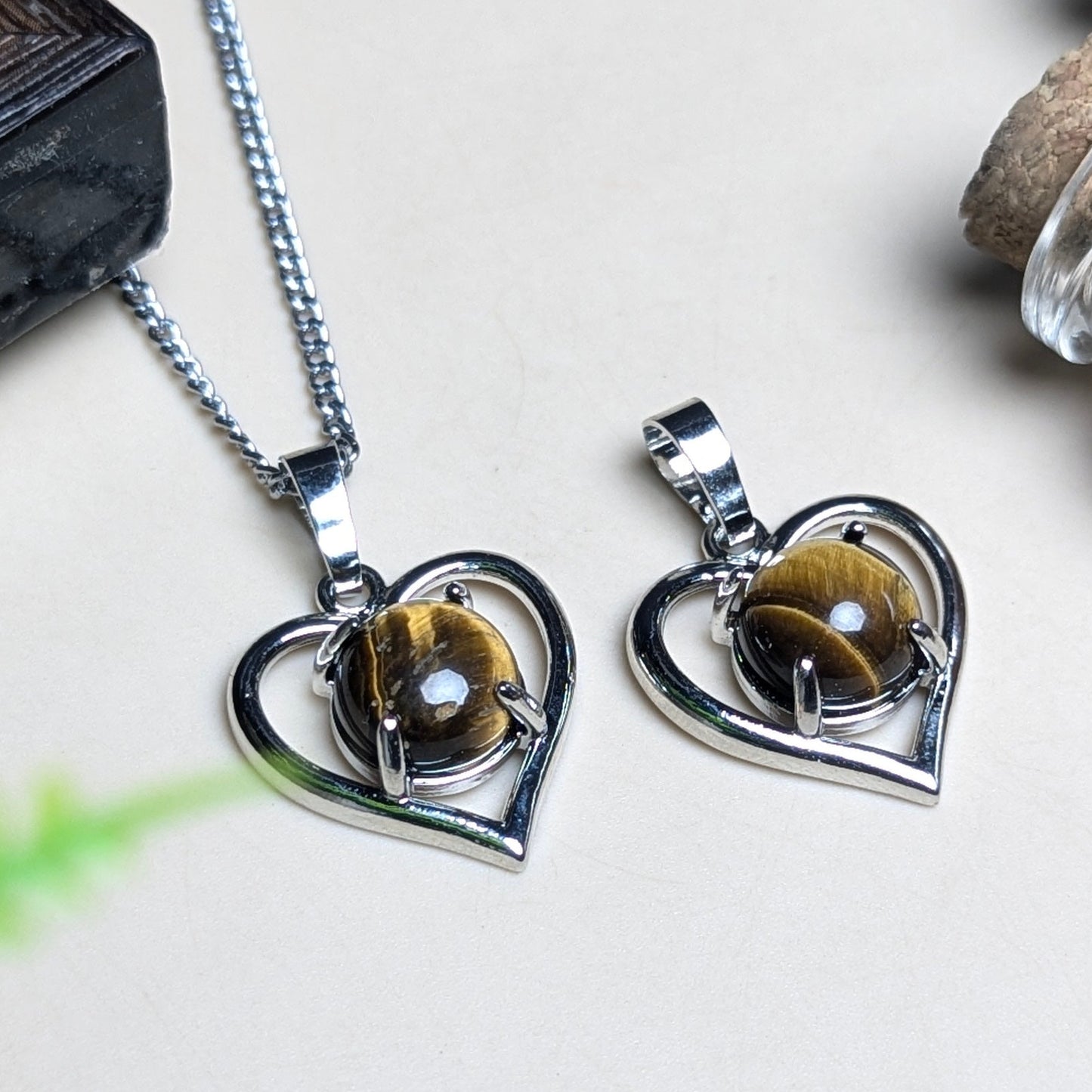 Heart shape stone with heart Metal Shape Pendant-Tiger Eye-Maitri Export | Crystals Store
