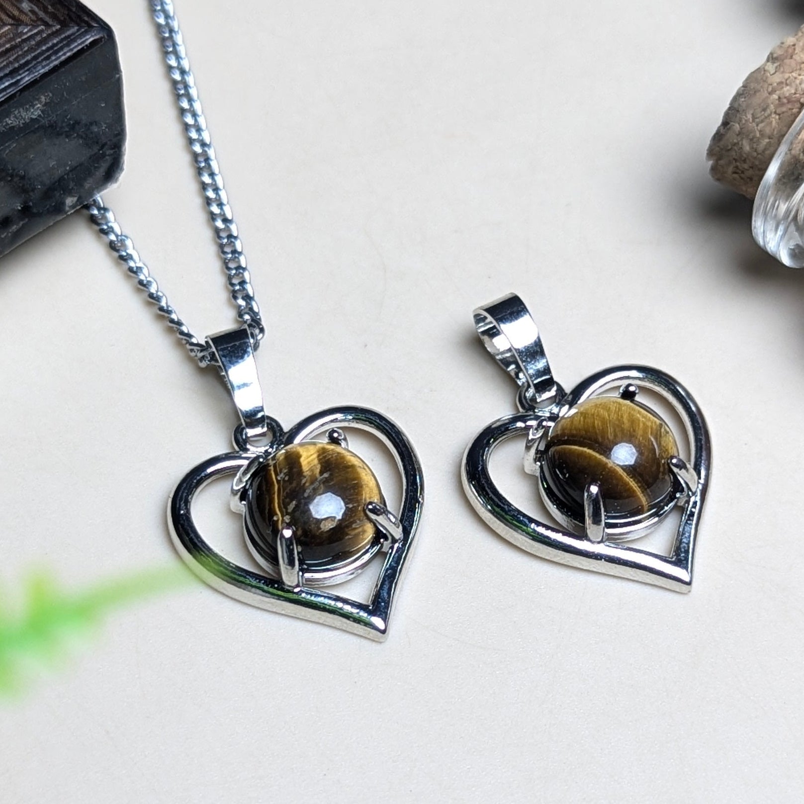 Heart shape stone with heart Metal Shape Pendant-Tiger Eye-Maitri Export | Crystals Store
