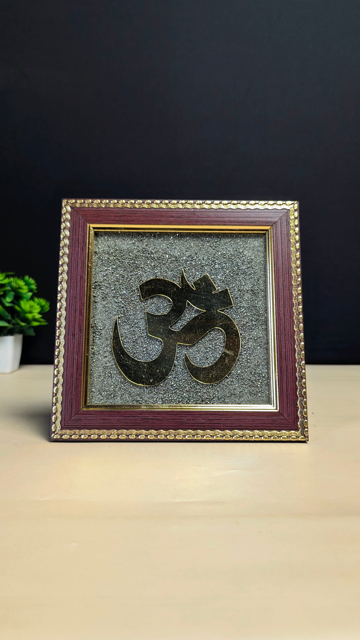 Pyrite Frame 6x6 inch ( frame design can vary )-Pyrite cluster frame with om-Maitri Export | Crystals Store