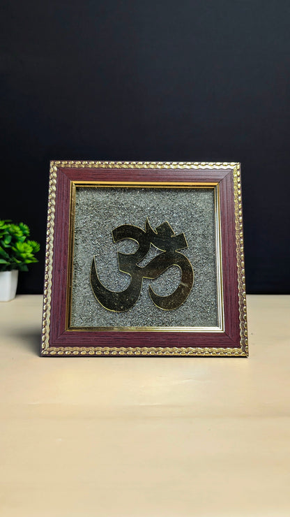 Pyrite Frame 6x6 inch ( frame design can vary )-Pyrite cluster frame with om-Maitri Export | Crystals Store