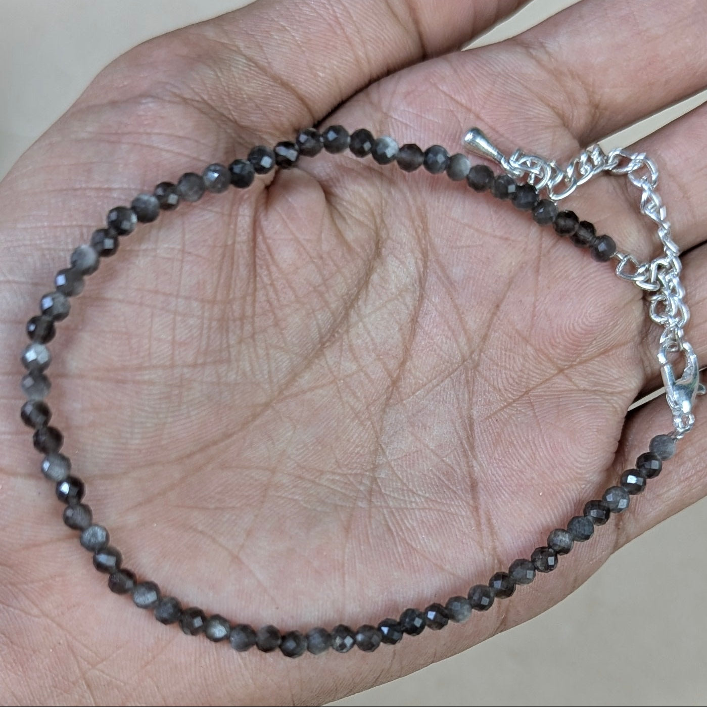 Anklet 3mm faceted-Silver Obsidian-Maitri Export | Crystals Store