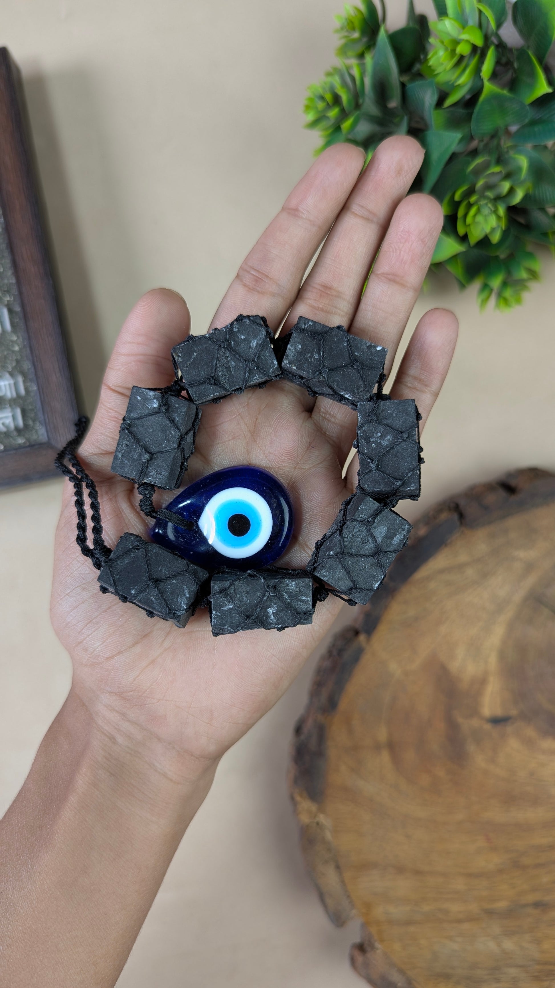 Selenite / Tourmaline Evil Eye Hanger-Black Tourmaline-7 Beads-Drop-Maitri Export | Crystals Store
