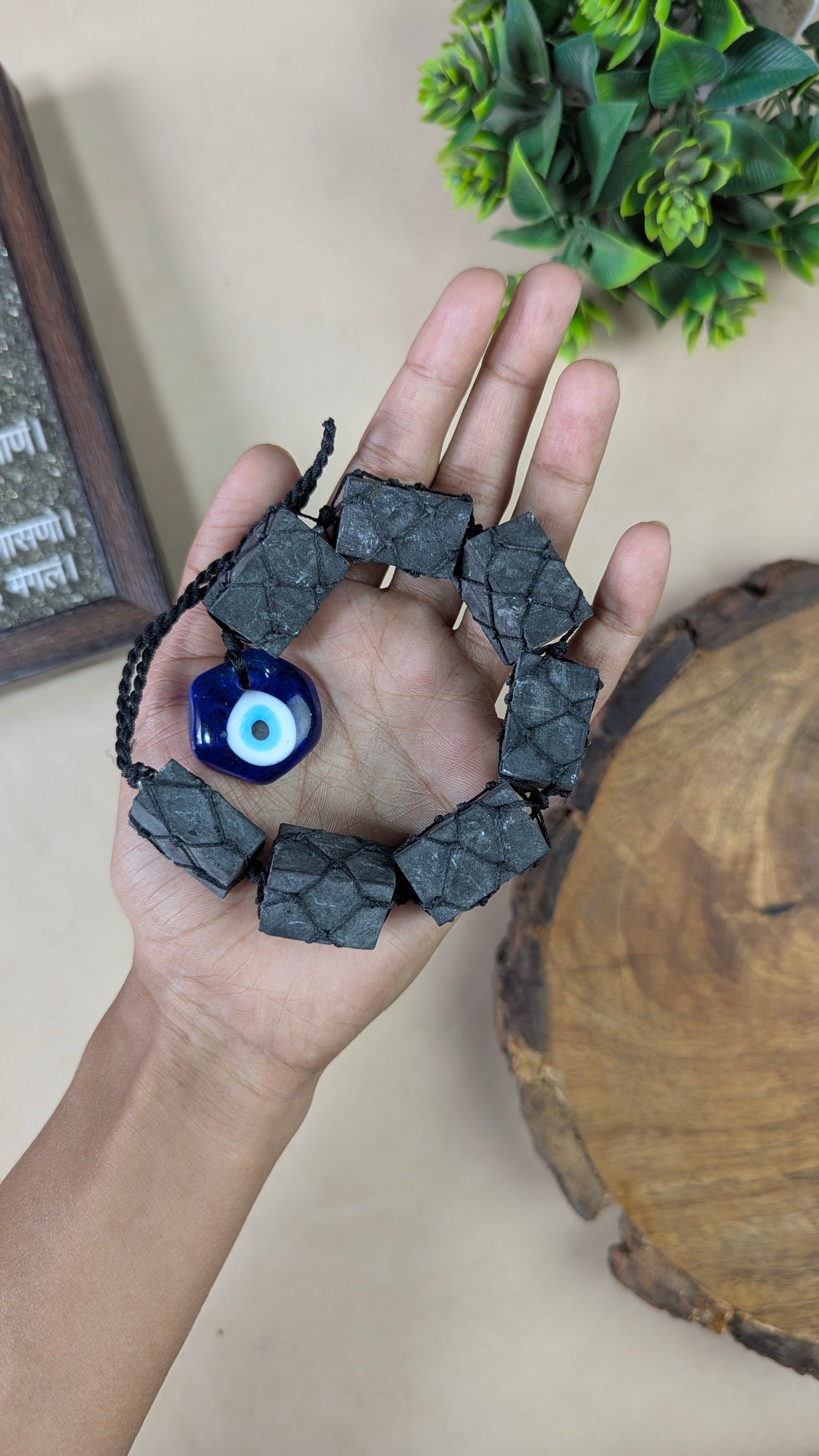 Selenite / Tourmaline Evil Eye Hanger-Black Tourmaline-7 Beads-Hexagon-Maitri Export | Crystals Store