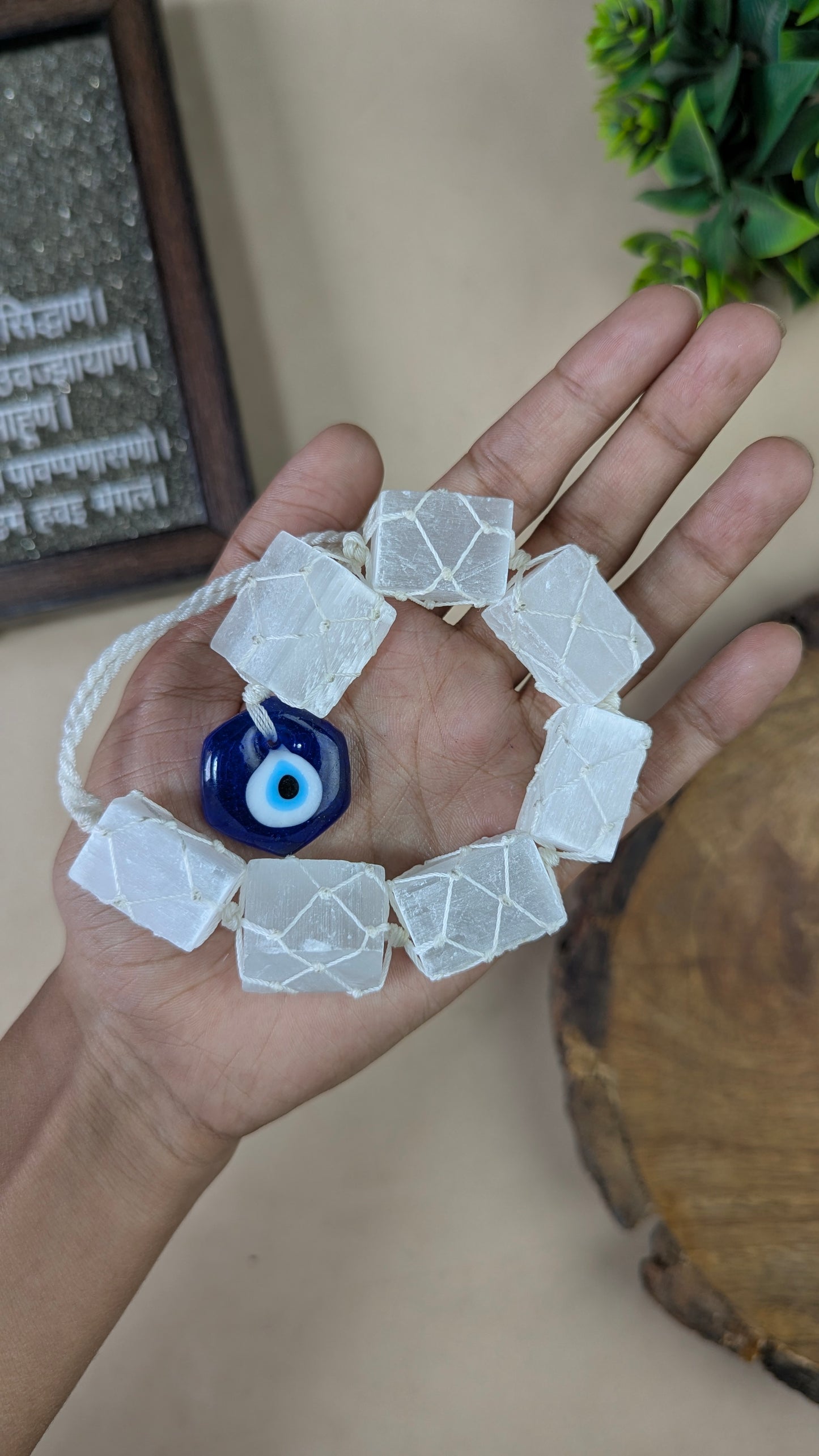 Selenite / Tourmaline Evil Eye Hanger-Selenite-7 Beads-Hexagon-Maitri Export | Crystals Store