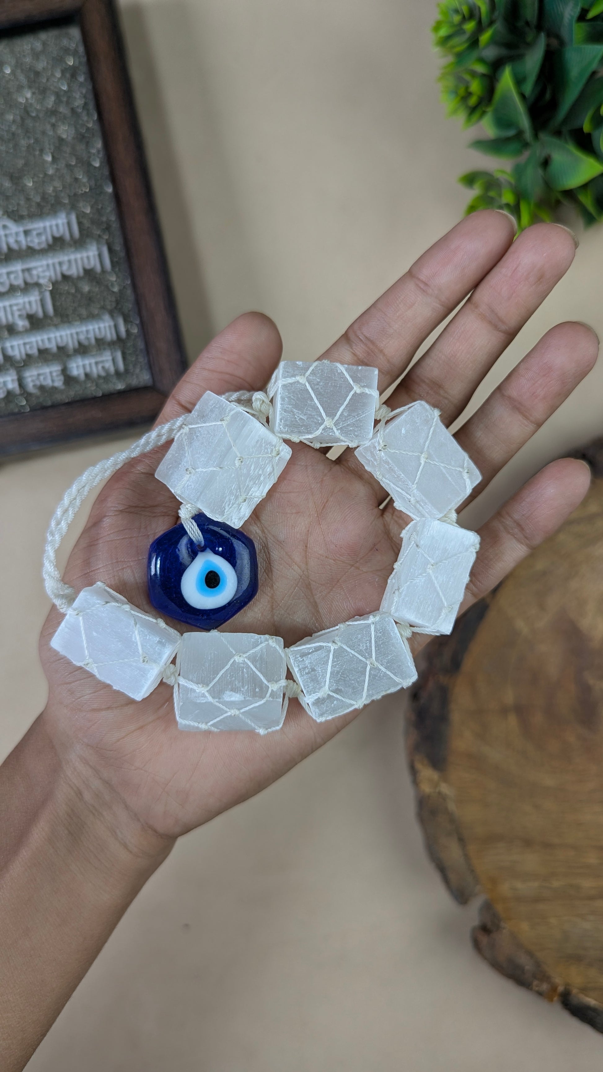 Selenite / Tourmaline Evil Eye Hanger-Selenite-7 Beads-Hexagon-Maitri Export | Crystals Store