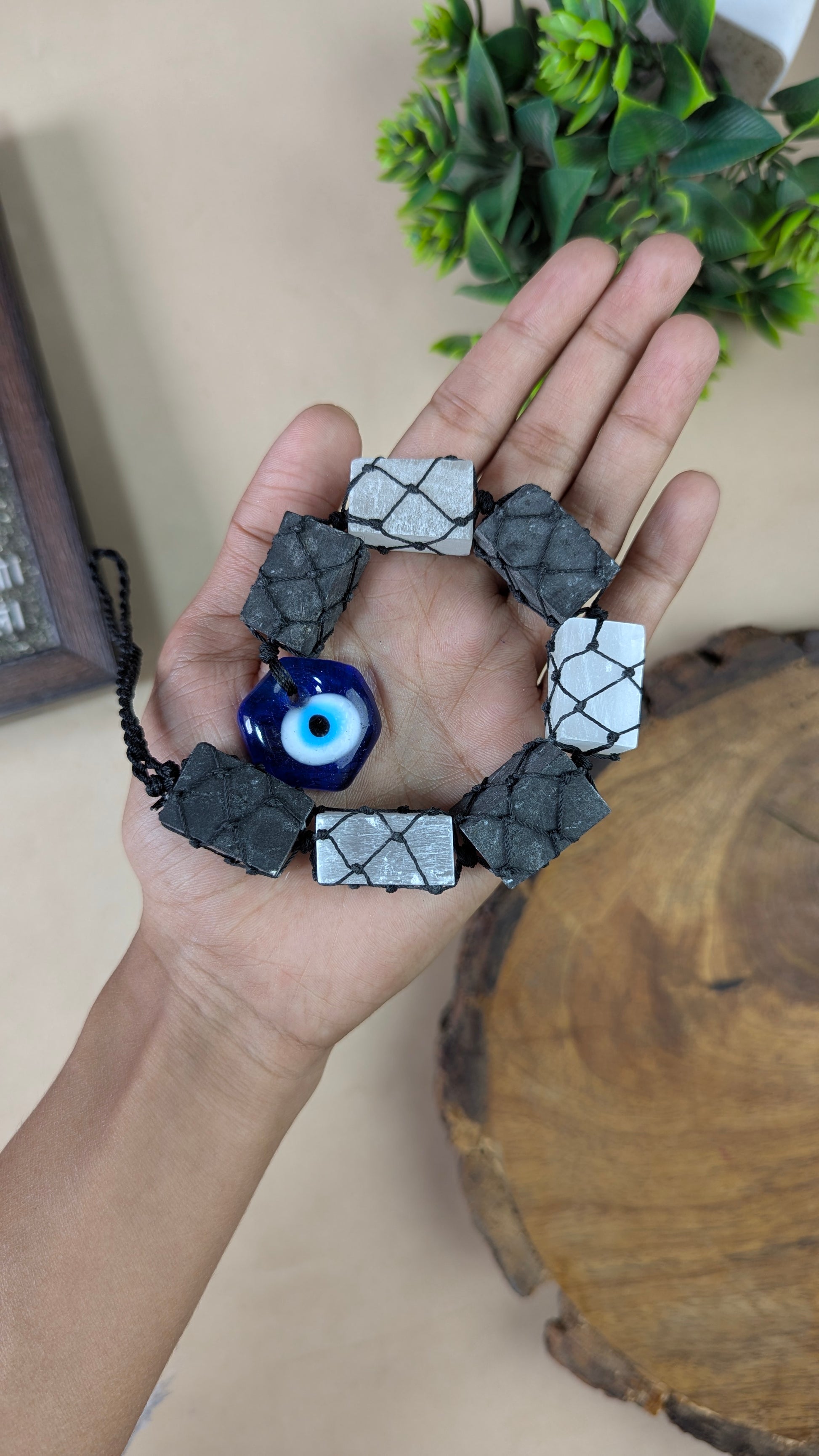 Selenite / Tourmaline Evil Eye Hanger-Selenite & Black Tourmaline-7 Beads-Hexagon-Maitri Export | Crystals Store