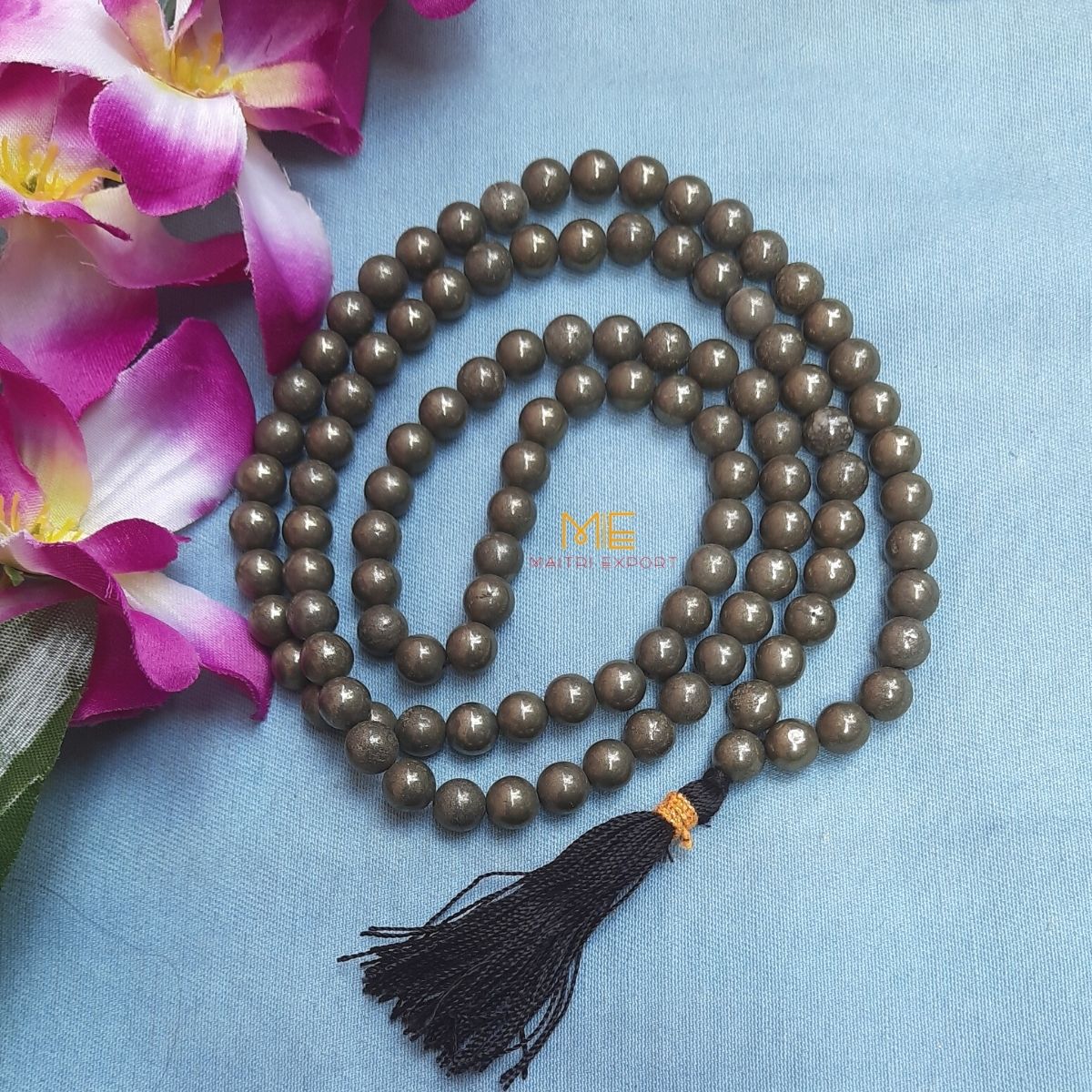 Pyrite 108 + 1 guru 8mm round beads jaap mala-Maitri Export | Crystals Store