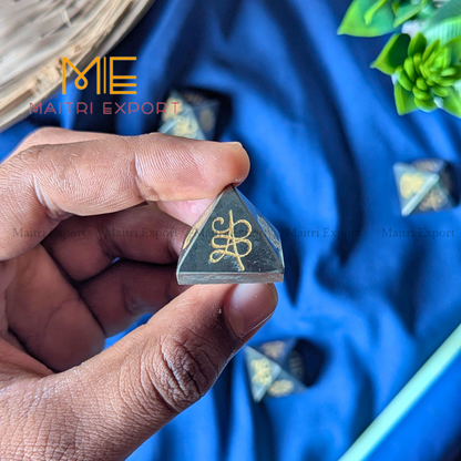 Lakshmi shreeyantra and zibu symbol carved 1 inch pyramids-Pyrite-Maitri Export | Crystals Store