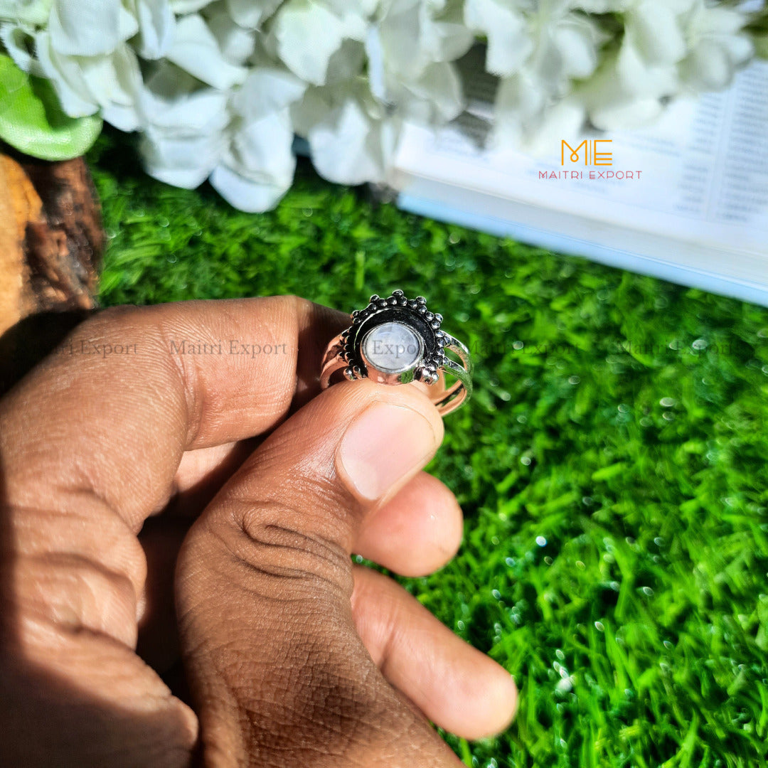 Natural Healing Crystal Gem Quality Stone Moon Shaped Adjustable Rings-Rainbow Moonstone-Maitri Export | Crystals Store