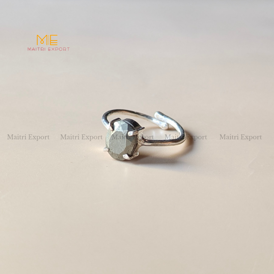 Natural Healing Crystal Stone Oval Faceted Gem quality Ring ( Rhodium polish, Anti tarnish )-Pyrite-Maitri Export | Crystals Store