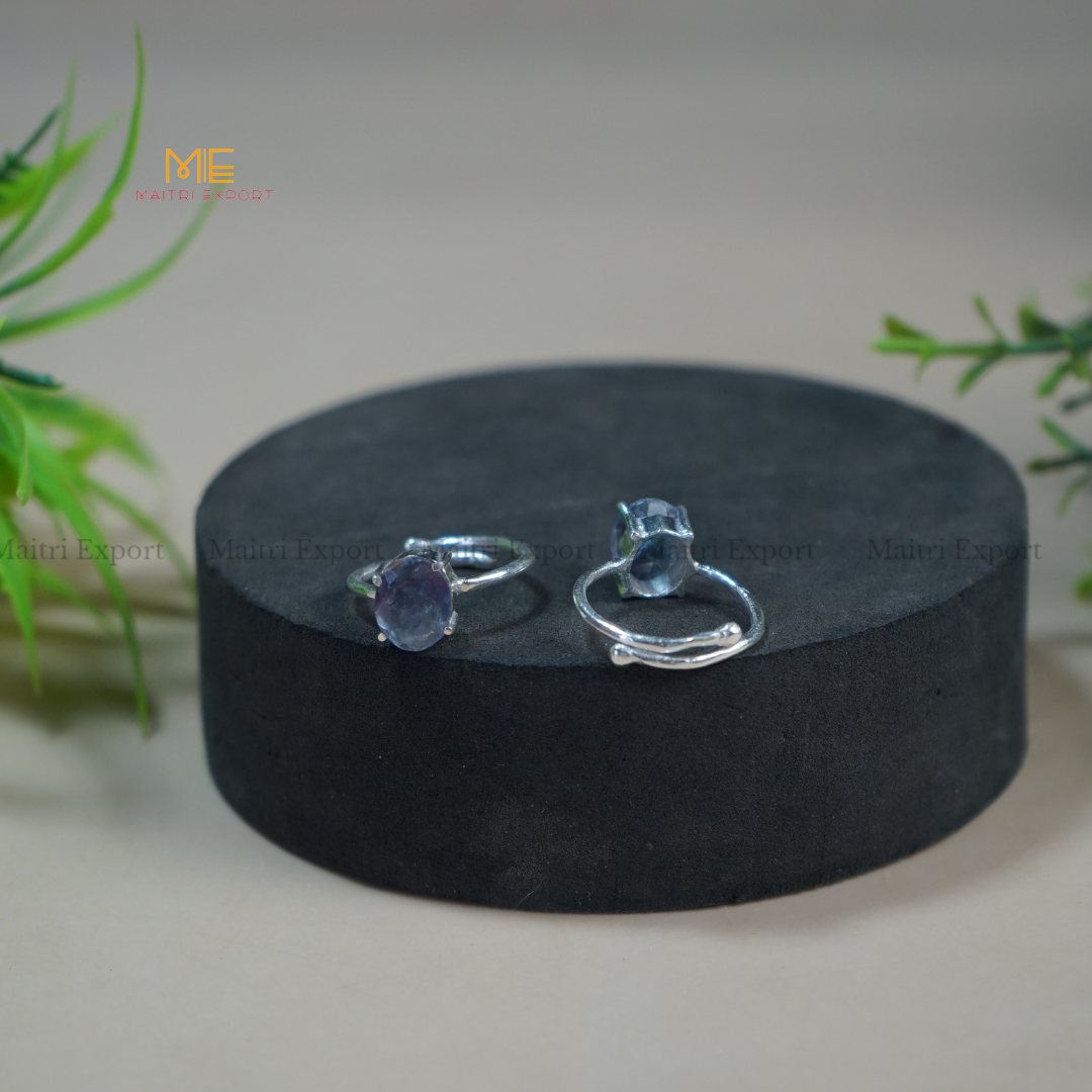Natural Healing Crystal Stone Oval Faceted Gem quality Ring ( Rhodium polish, Anti tarnish )-Multifluorite-Maitri Export | Crystals Store