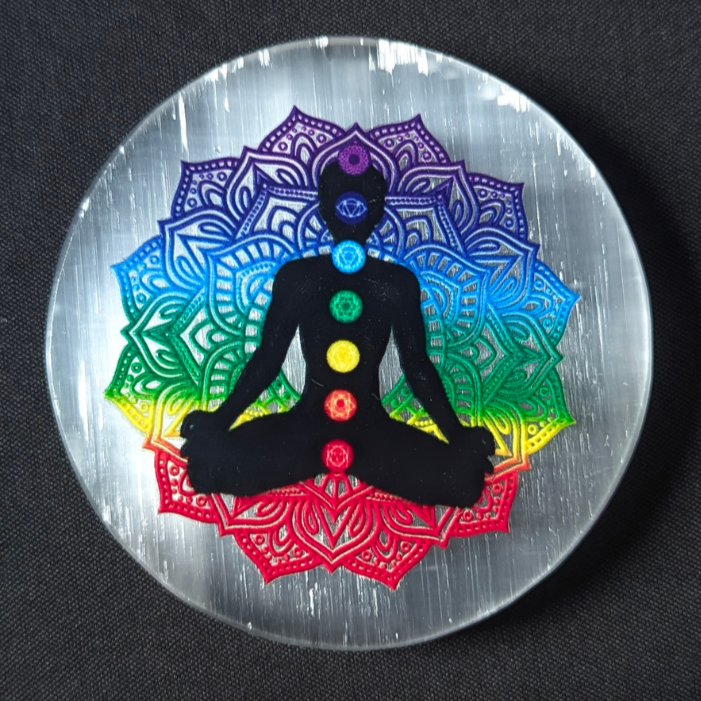 3D sticker selenite plate 3 inch-7 chakra buddha-Circle-Maitri Export | Crystals Store