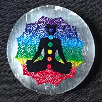 3D sticker selenite plate 3 inch-7 chakra buddha-Circle-Maitri Export | Crystals Store