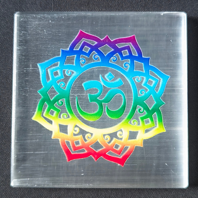 3D sticker selenite plate 3 inch-Om-Square-Maitri Export | Crystals Store