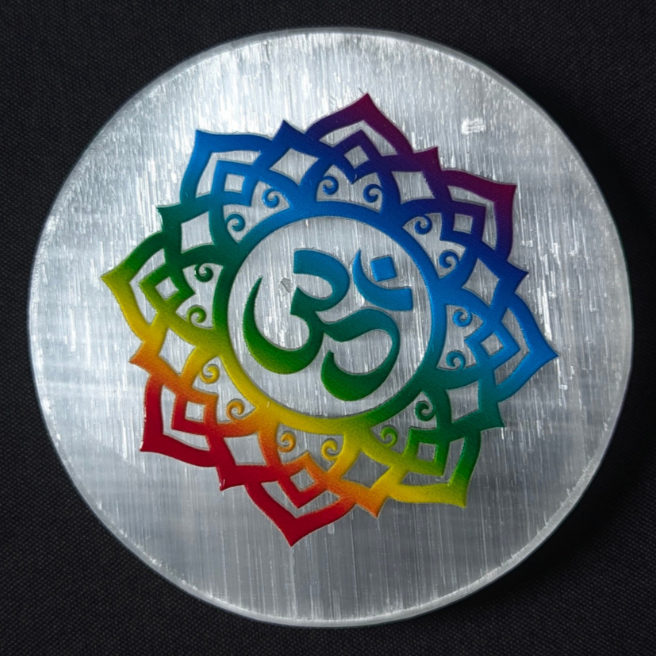 3D sticker selenite plate 3 inch-Om-Circle-Maitri Export | Crystals Store