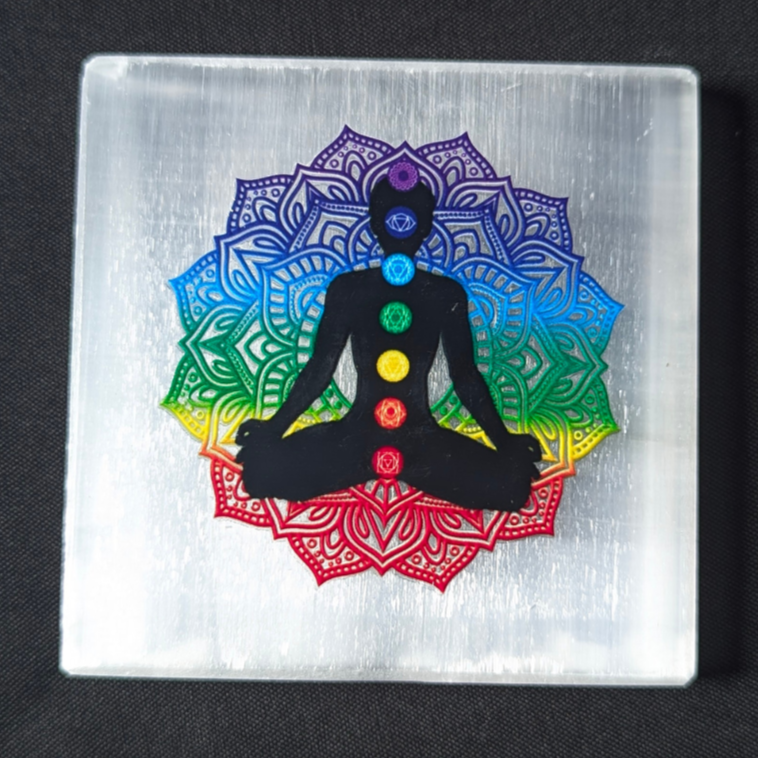 3D sticker selenite plate 3 inch-7 chakra buddha-Square-Maitri Export | Crystals Store