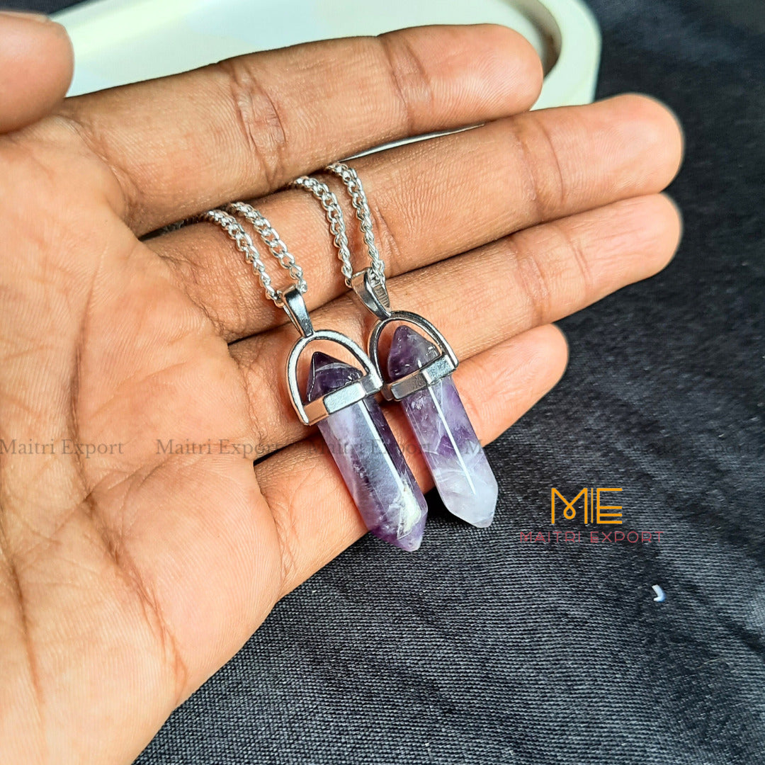 Natural Crystal Stones double point Silver Cap pendant-Amethyst-Maitri Export | Crystals Store