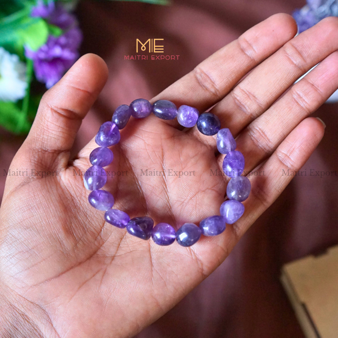 Small Tumble Crystal Beads Bracelet-Amethyst-Maitri Export | Crystals Store