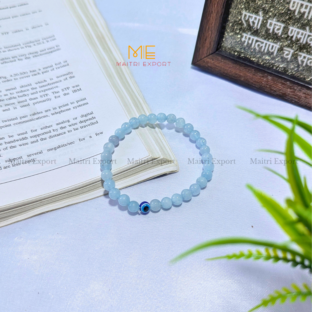 6mm crystal beaded bracelet with evil eye-Aquamarine-Maitri Export | Crystals Store
