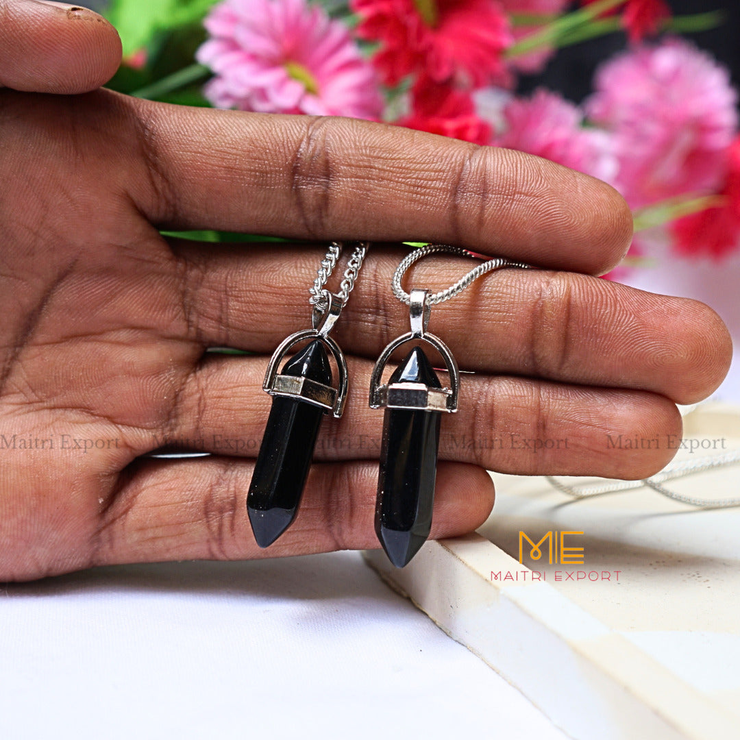 Natural Crystal Stones double point Silver Cap pendant-Black tourmaline-Maitri Export | Crystals Store