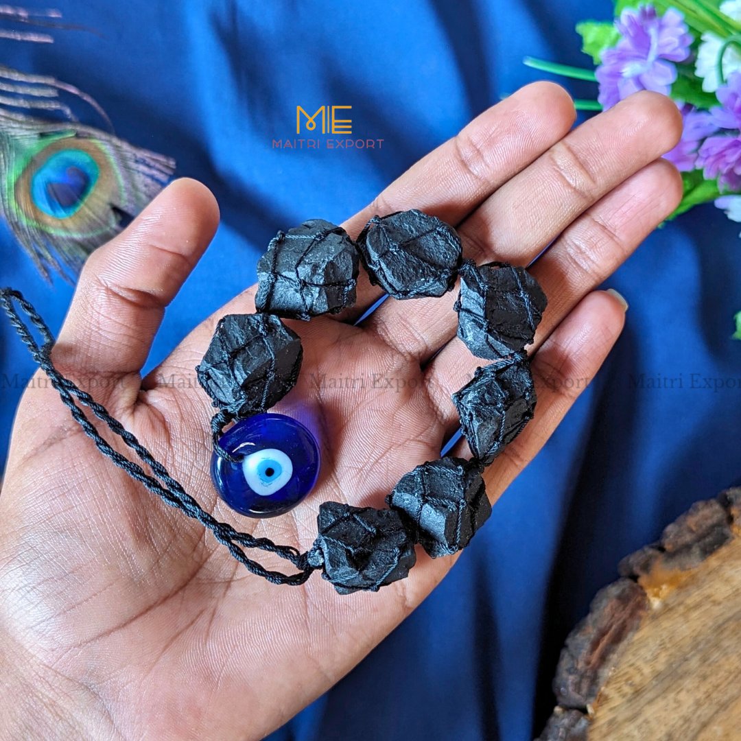 Selenite / Tourmaline Evil Eye Hanger-Black Tourmaline-7 Beads-Maitri Export | Crystals Store