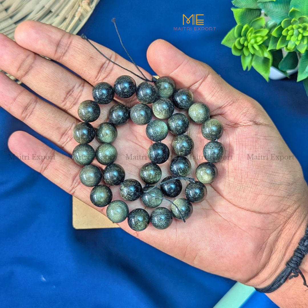12mm natural crystal healing stone loose beads line ( 28-30 beads per line )-Black Golden Obsidian-Maitri Export | Crystals Store