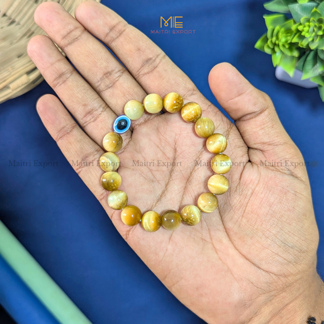 10mm Round beads Healing Crystals with Evil Eye Bracelet-yellow cat eye-Maitri Export | Crystals Store