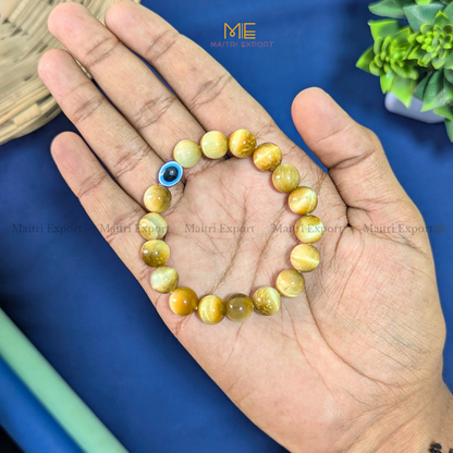 10mm Round beads Healing Crystals with Evil Eye Bracelet-yellow cat eye-Maitri Export | Crystals Store