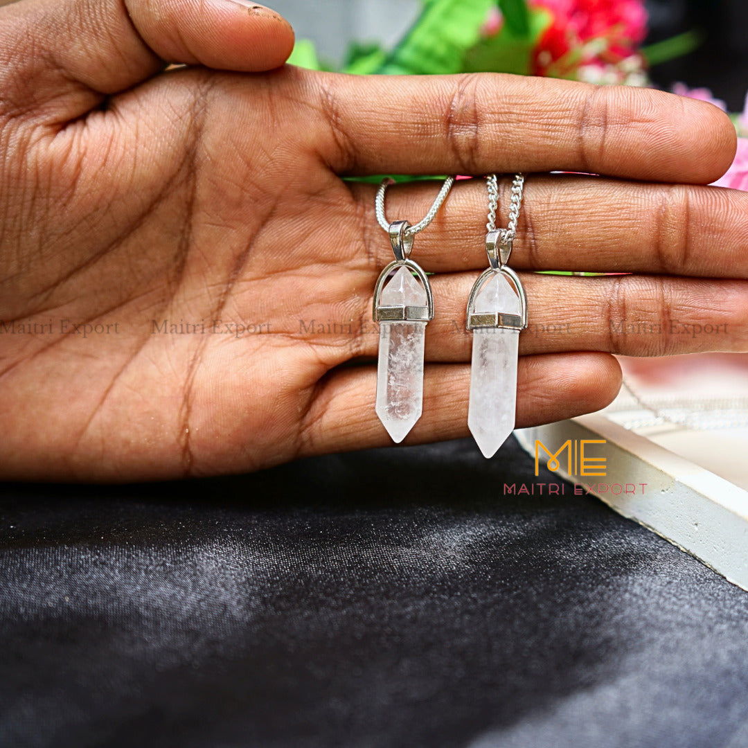 Natural Crystal Stones double point Silver Cap pendant-Clear quartz-Maitri Export | Crystals Store