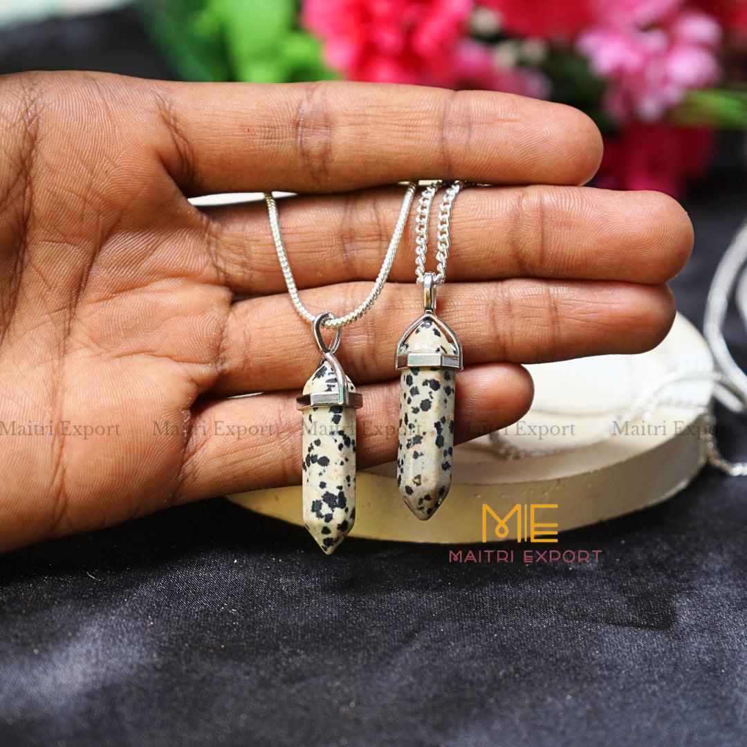 Natural Crystal Stones double point Silver Cap pendant-dalmation-Maitri Export | Crystals Store