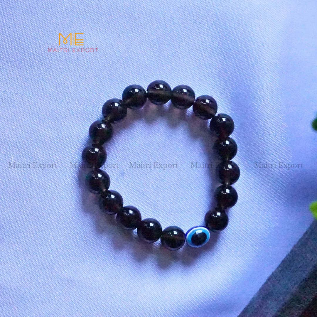 10mm Round beads Healing Crystals with Evil Eye Bracelet-Smokey-Maitri Export | Crystals Store