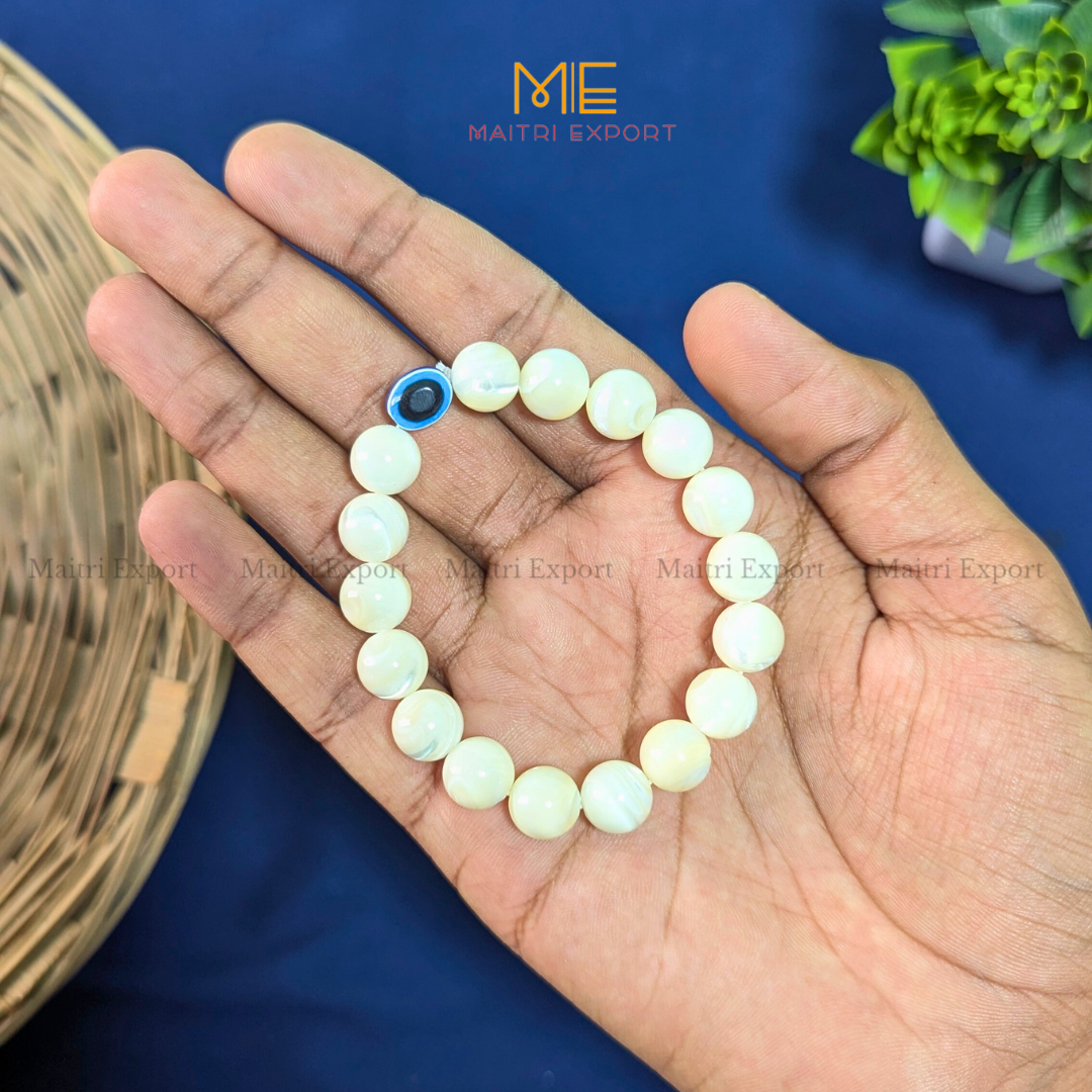 10mm Round beads Healing Crystals with Evil Eye Bracelet-Mother of pearl-Maitri Export | Crystals Store