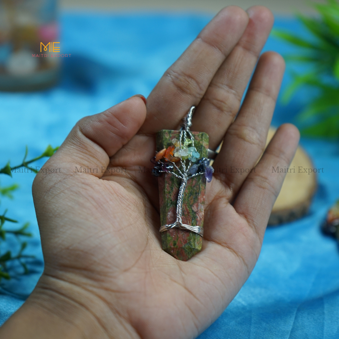 Natural Different Crystal Stone Flat Point Pendant with 7 chakra Tree of Life wire design-Unakite-Maitri Export | Crystals Store