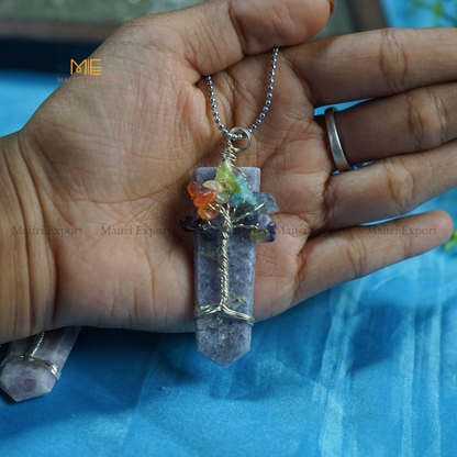 Natural Different Crystal Stone Flat Point Pendant with 7 chakra Tree of Life wire design-Lepidolite-Maitri Export | Crystals Store