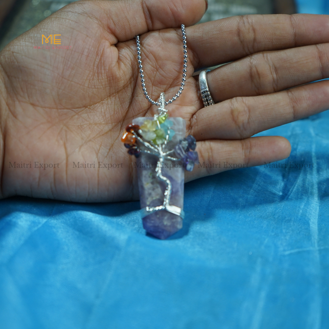 Natural Different Crystal Stone Flat Point Pendant with 7 chakra Tree of Life wire design-Amethyst-Maitri Export | Crystals Store
