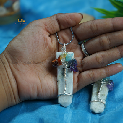 Natural Different Crystal Stone Flat Point Pendant with 7 chakra Tree of Life wire design-Rainbow Moonstone-Maitri Export | Crystals Store