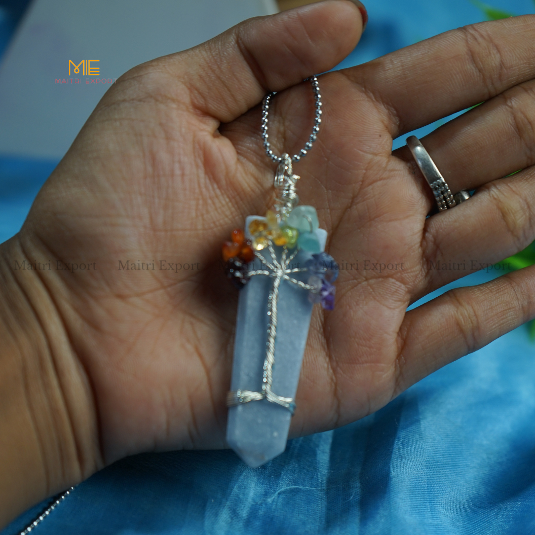 Natural Different Crystal Stone Flat Point Pendant with 7 chakra Tree of Life wire design-Angelite-Maitri Export | Crystals Store