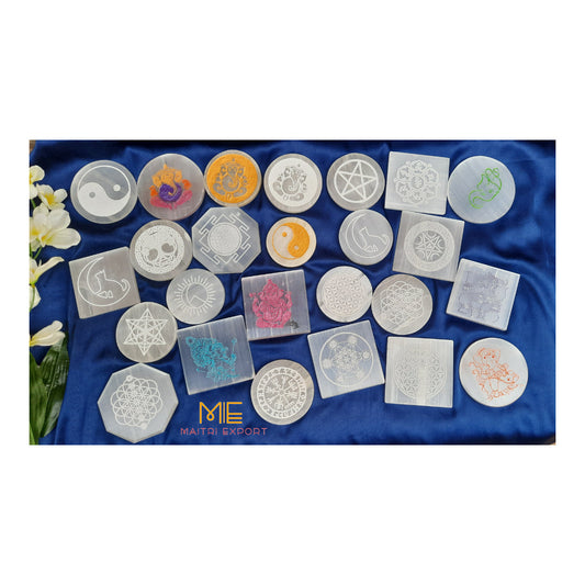 Natural selenite plate with different carvings 4 inch-Maitri Export | Crystals Store