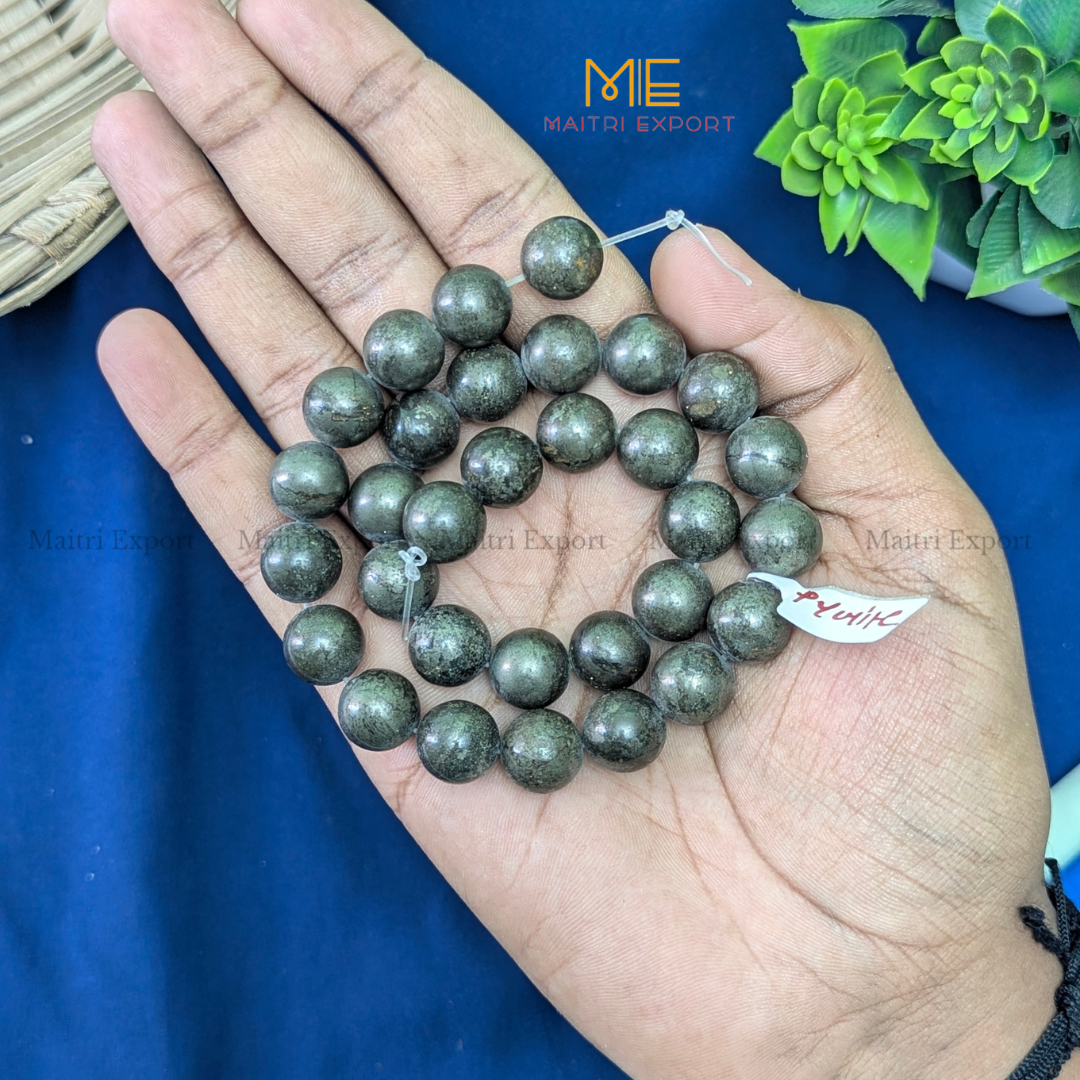 12mm natural crystal healing stone loose beads line ( 28-30 beads per line )-Pyrite-Maitri Export | Crystals Store