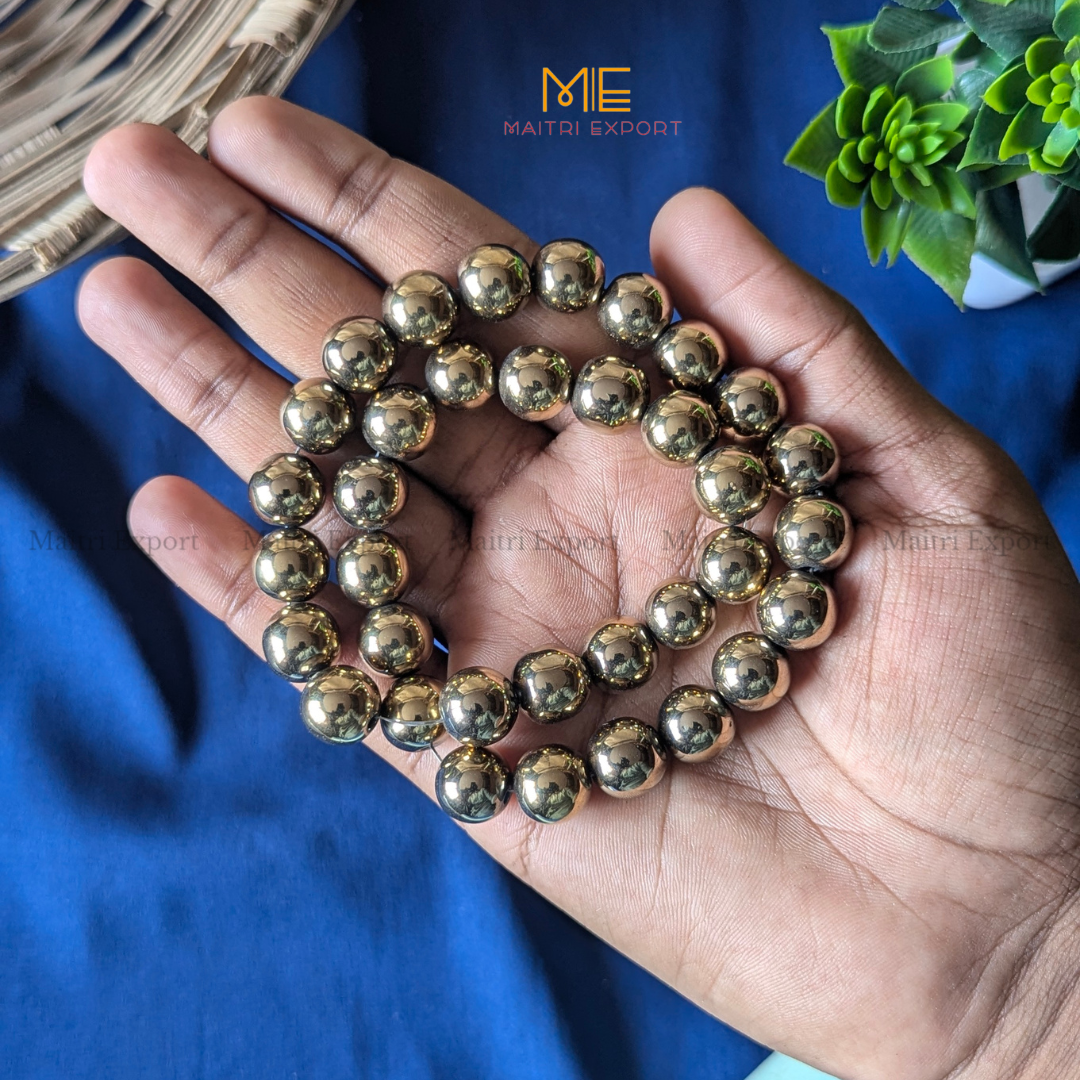 12mm natural crystal healing stone loose beads line ( 28-30 beads per line )-Pyrite golden-Maitri Export | Crystals Store