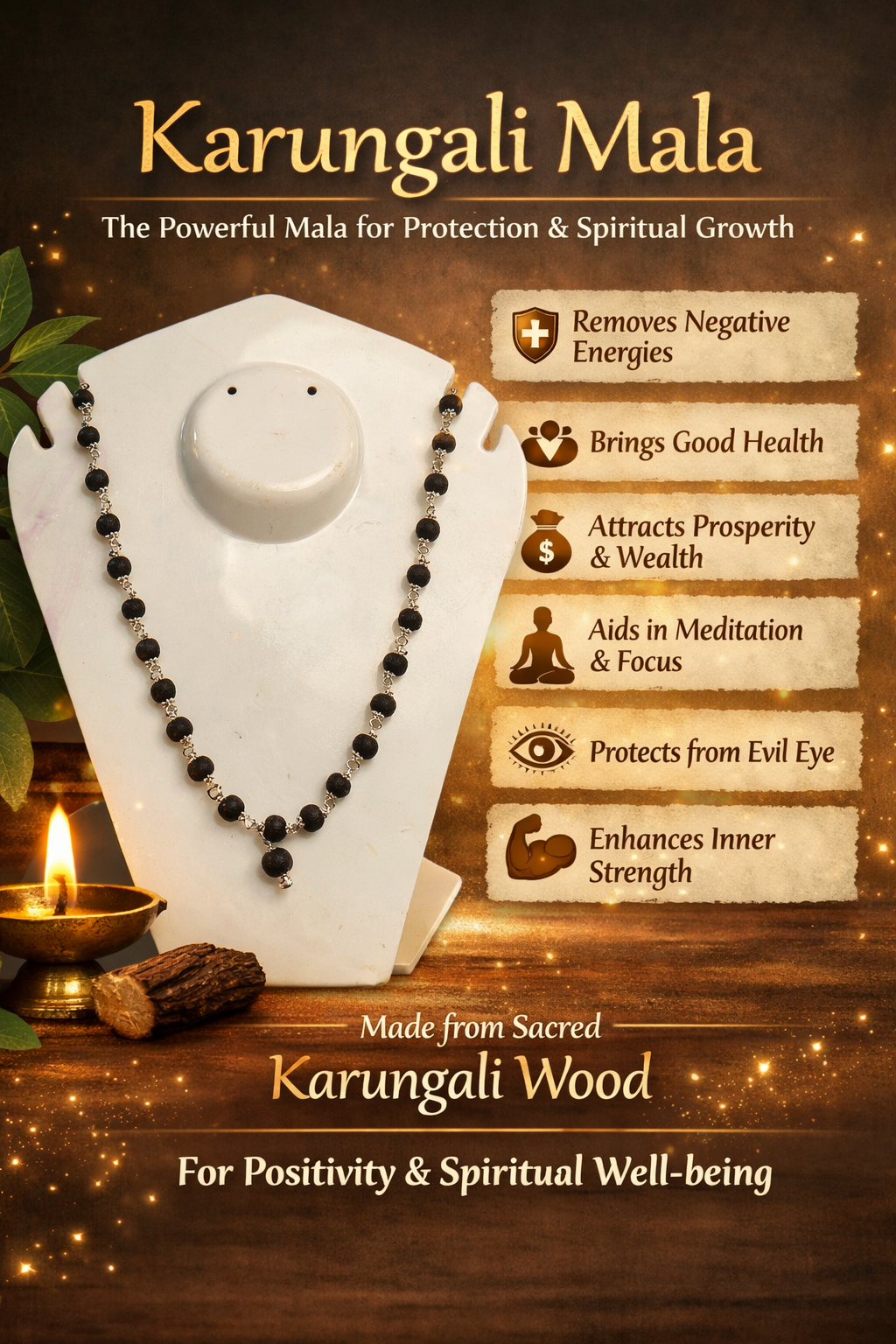 Natural karungali/ebony 6mm beads metal cap mala 54beads-Maitri Export | Crystals Store