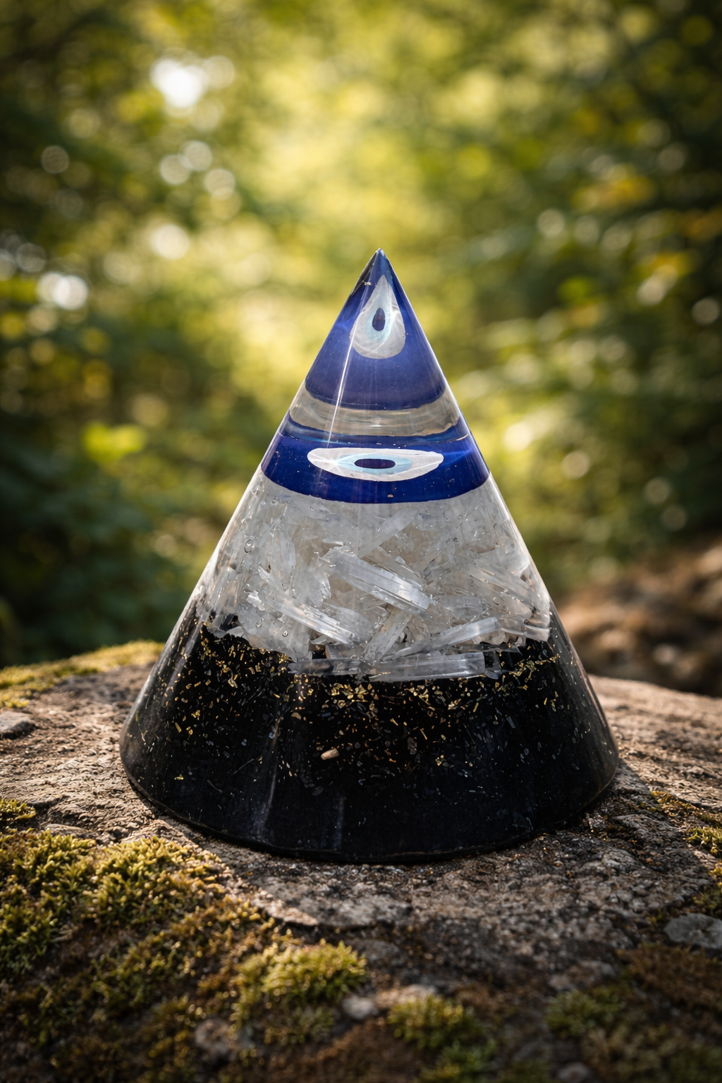 Evil eye with selenite and tourmaline protection organ pyramid-Maitri Export | Crystals Store