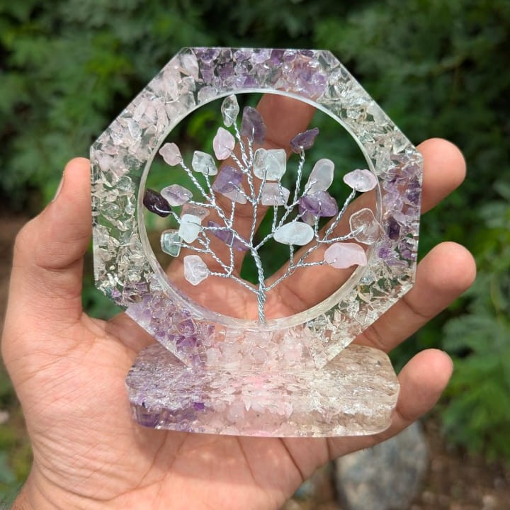 Organ tree with octagon shape and base ( 4 inch )-Rose amethyst clear quartz ( focus and peace )-Maitri Export | Crystals Store